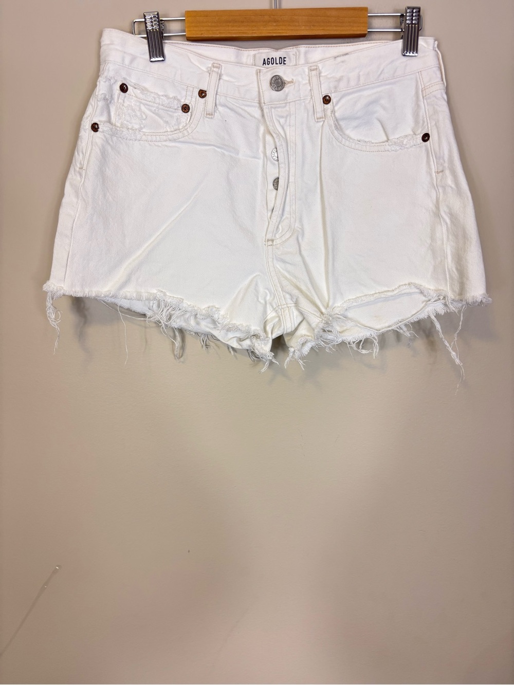 Agolde White Parker Raw-Hem Hidden Button Fly Denim Shorts 27
